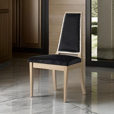 23 Inch Side Dining Chair, Black Soft Velvet Upholstery, Beige Rubberwood