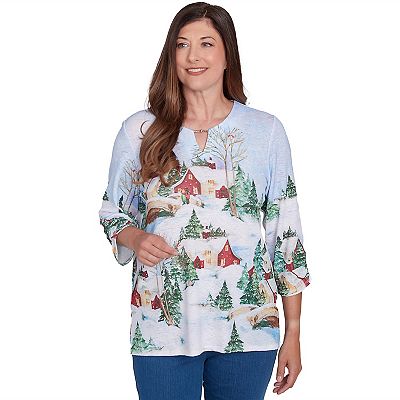 Petite Alfred Dunner Split Neck Winter Wonderland Top