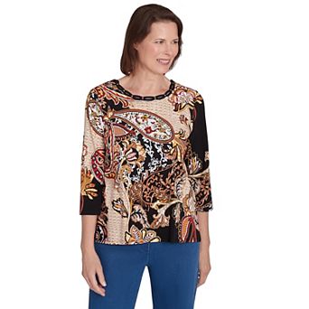 Petite Alfred Dunner Braided Neck Paisley Tee