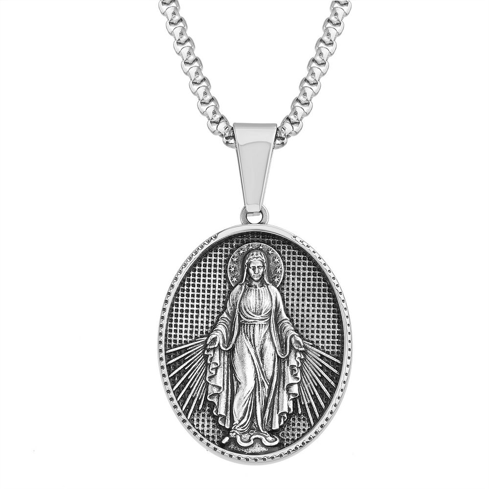 1913 Men's Oxidized Stainless Steel Virgin Mary Pendant Necklace