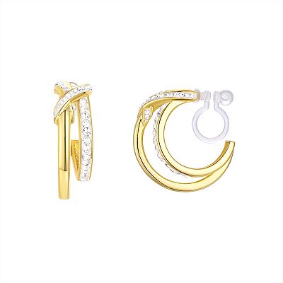 Chrystina 14k Gold Flash Plated Crystal Crossover Clip on Hoop Earrings