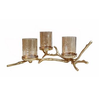 16 Inch 3 Pillar Candle Holder, Aluminum, Accented Frosted Glass, Gold
