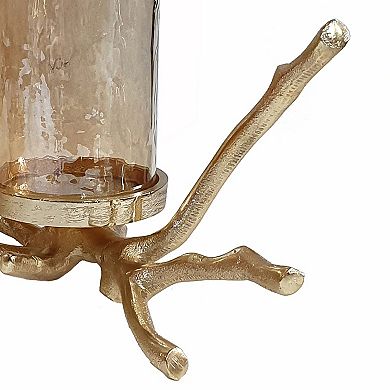 16 Inch 3 Pillar Candle Holder, Aluminum, Accented Frosted Glass, Gold