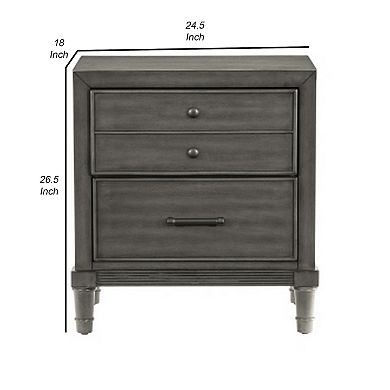 Ceila 27 Inch Classic 2 Drawer Nightstand, Round Tapered Legs, Gray Finish