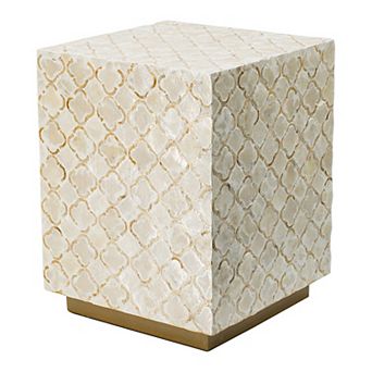 18 Inch Accent Side End Table Stool, Square, Cream Capiz, Gold Base