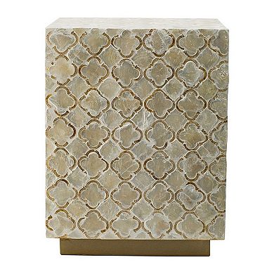 18 Inch Accent Side End Table Stool, Square, Cream Capiz, Gold Base