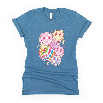 Colorful Checkered Smiley Face Youth Short Sleeve Graphic Tee