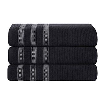 SUPERIOR 3 pc Zero Twist Cotton Geometric Border Plush Absorbent Bath Towel Set