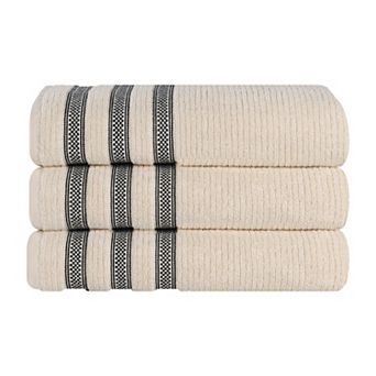 SUPERIOR 3 pc Zero Twist Cotton Geometric Border Plush Absorbent Bath Towel Set