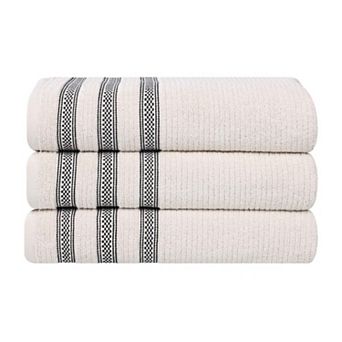 SUPERIOR 3 pc Zero Twist Cotton Geometric Border Plush Absorbent Bath Towel Set