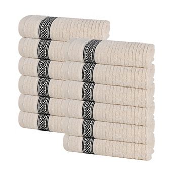SUPERIOR 12 pc Zero Twist Cotton Geometric Border Plush Absorbent Washcloth Set