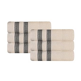 SUPERIOR 6 pc Zero Twist Cotton Geometric Border Plush Absorbent Hand Towel Set