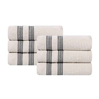 SUPERIOR 6 pc Zero Twist Cotton Geometric Border Plush Absorbent Hand Towel Set
