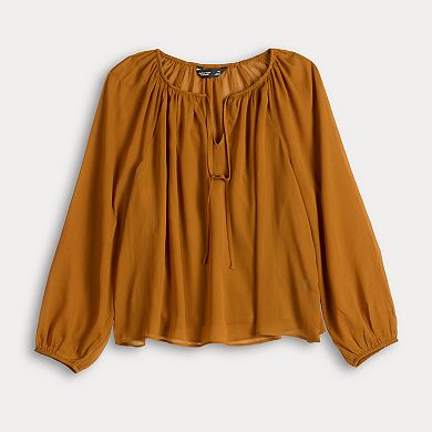 Petite Simply Vera Vera Wang Tie Neck Balloon Sleeve Shirred Blouse