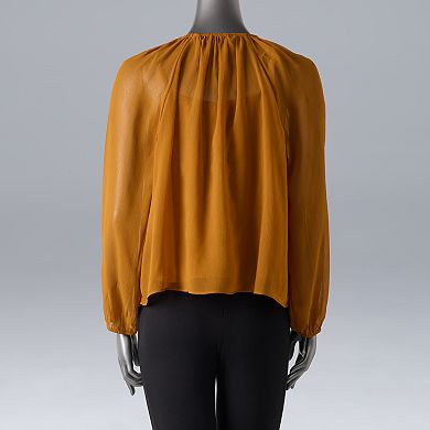 Petite Simply Vera Vera Wang Tie Neck Balloon Sleeve Shirred Blouse