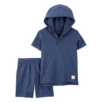 Toddler Boys Carter's 2 pc Solid Short Sleeve Hooded Henley Top & Shorts Set