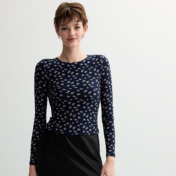 Juniors' Harper & Ivy Long Sleeve Yummy Contour Crew Neck Top - Navy Print (X SMALL)