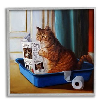 Stupell Home Decor Litter Box Reading Funny Cat Painting Framed Canvas Wall Art