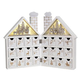 Polar Elegance White Wooden Christmas Advent Calendar House With 24 Drawers And Led-lit Forest Scene