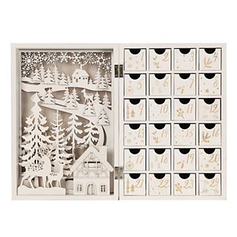 Polar Elegance Wooden Christmas Advent Calendar Book With Led-lit Winter Forest Scene - 24 Drawers