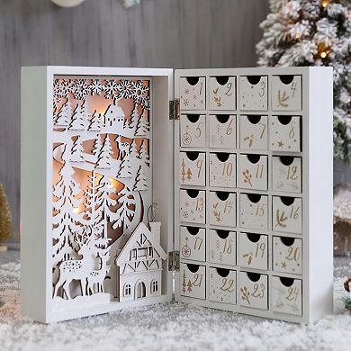 Polar Elegance Wooden Christmas Advent Calendar Book With Led-lit Winter Forest Scene - 24 Drawers