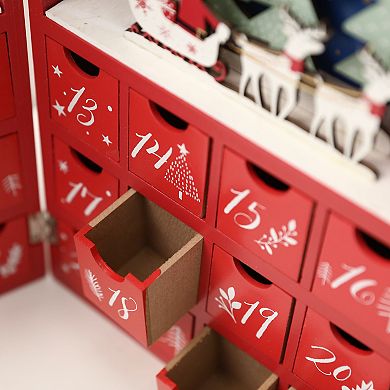 Polar Elegance Christmas Wooden Advent Calendar Book With Drawers Home Decoration 11 Inch Red & Blue
