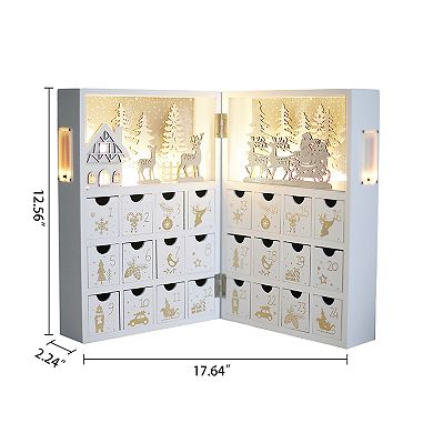 Polar Elegance Wooden Christmas Advent Calendar Book With Led-lit Winter Forest Scene - 24 Drawers
