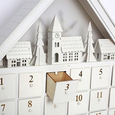 Polar Elegance 18" Christmas Wooden Advent Calendar House W/24 Drawers And Led For Home Decor White
