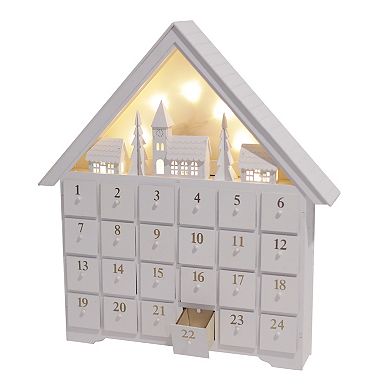 Polar Elegance 18" Christmas Wooden Advent Calendar House W/24 Drawers And Led For Home Decor White