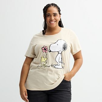 Plus Size Peanuts Snoopy & Woodstock Flower Graphic Tee