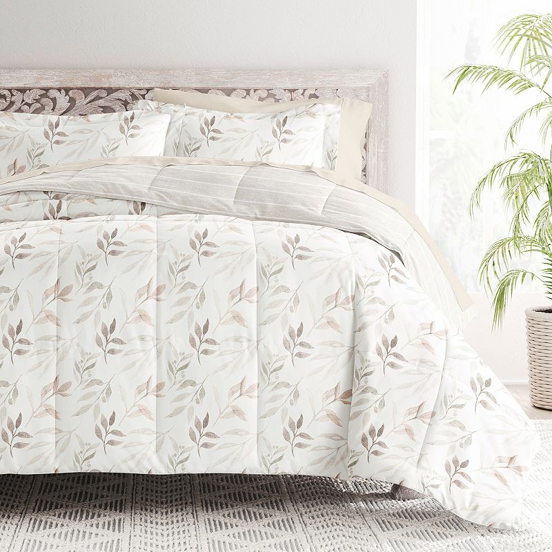 Home Collection Lightweight 7-Piece Patterned Bed-in-a-Bag Comforter Set, Foliage Stripe Ivory