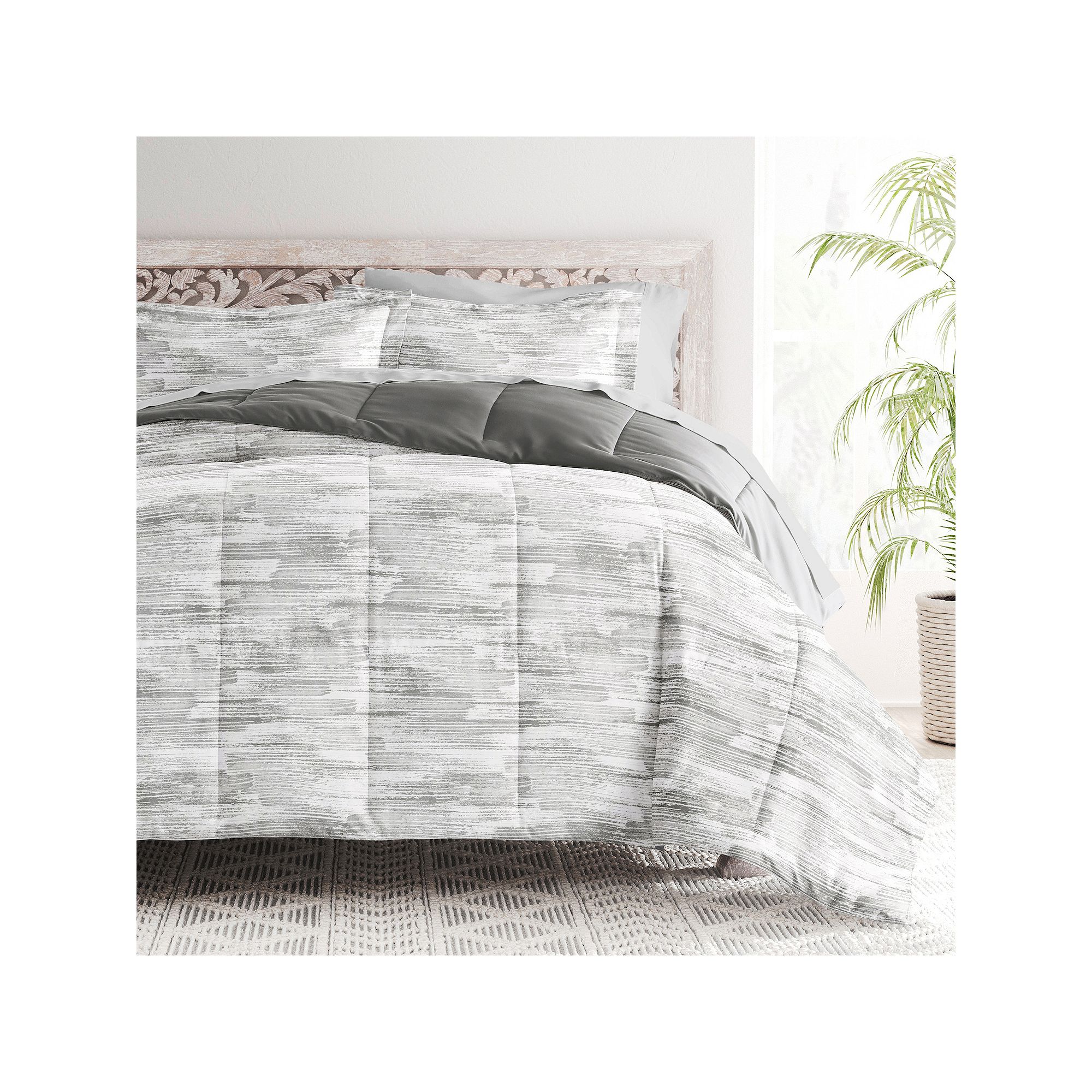 Home Collection Bedding Bundle Patterned Comforter Set, Textured Stripe Gra