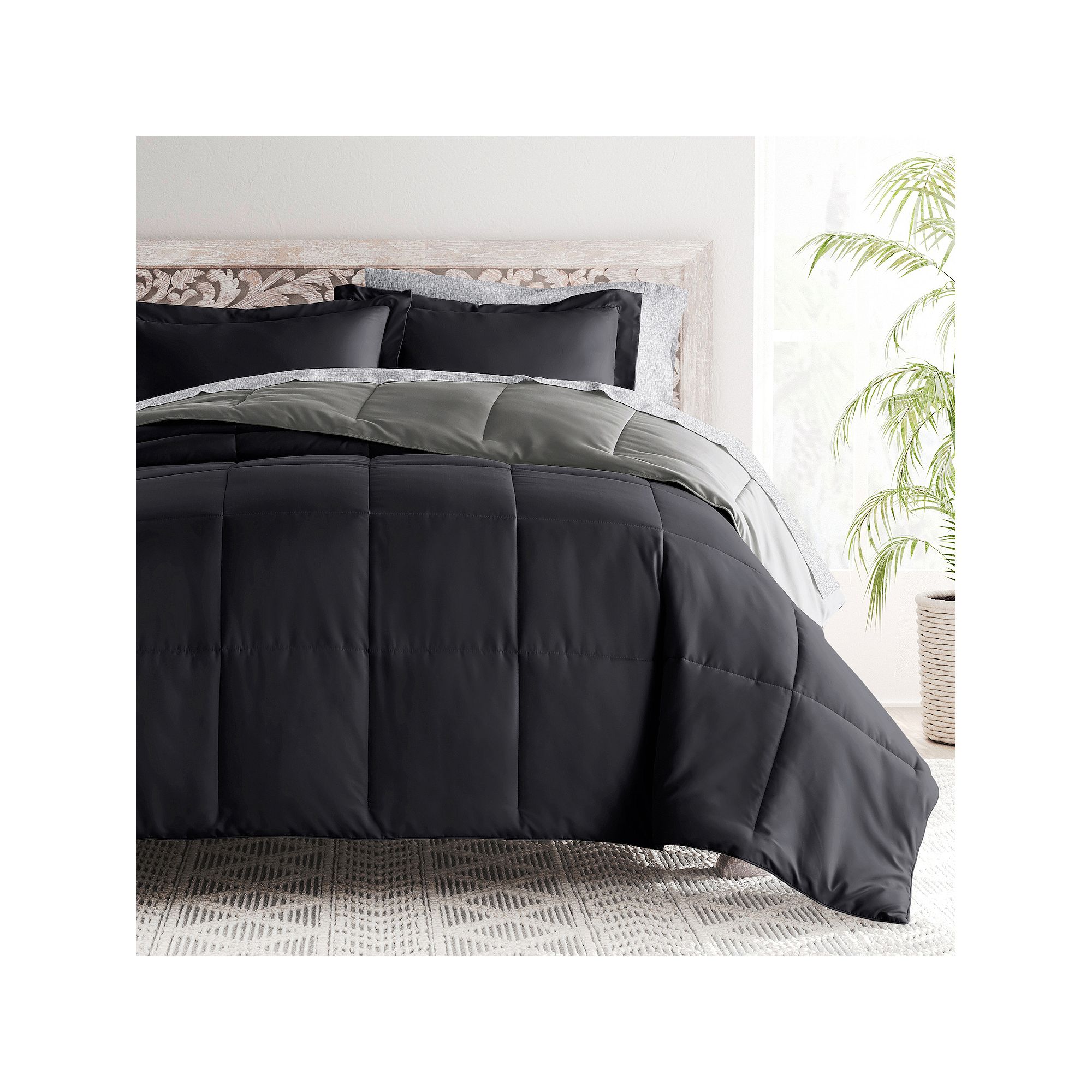 Home Collection Bedding Bundle Reversible Comforter Set, Chambray Black Fog