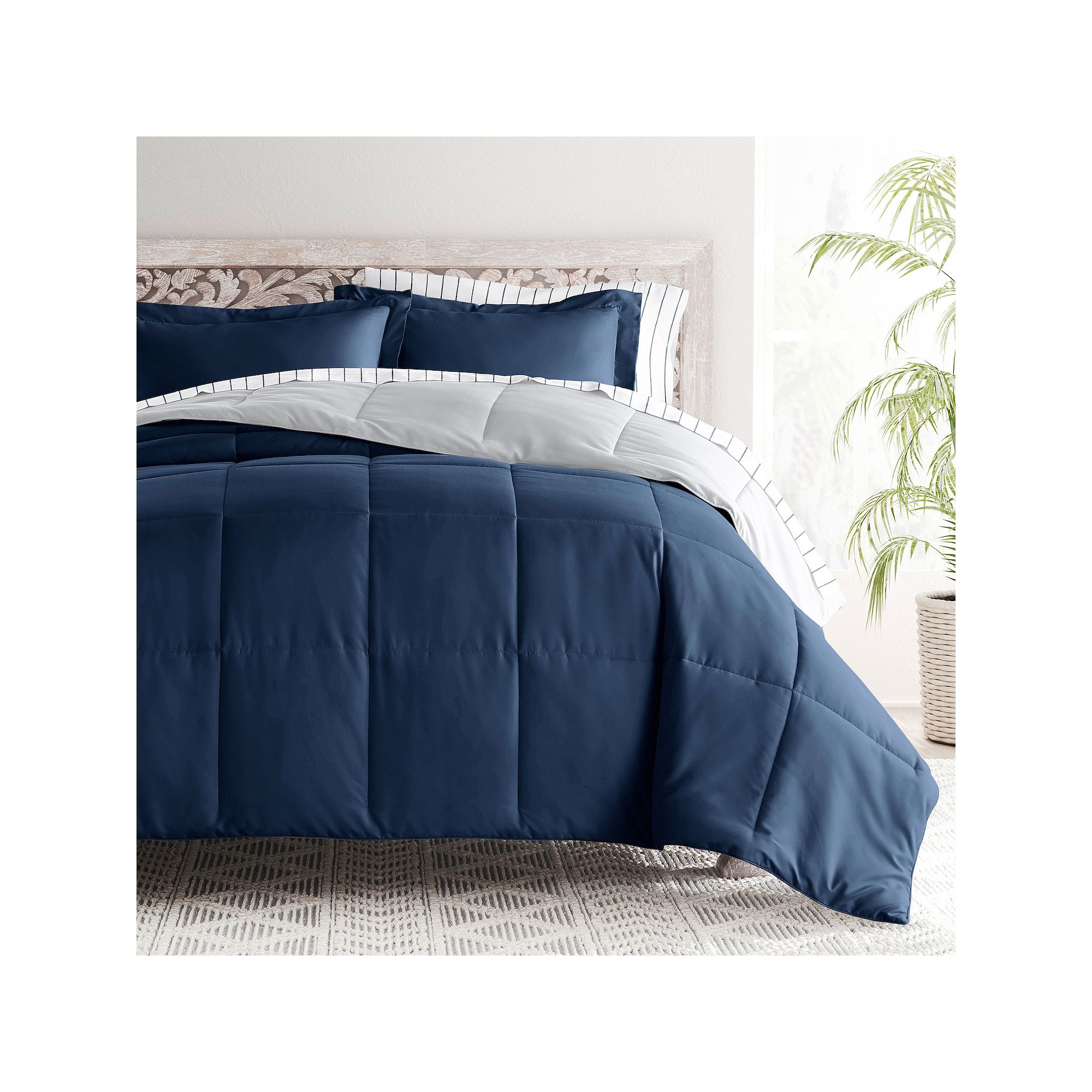 Home Collection Bedding Bundle Reversible Comforter Set, Field Stripe Navy 