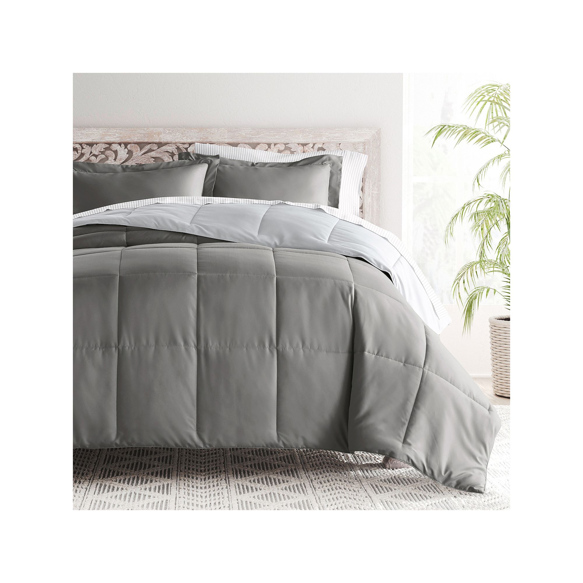 Home Collection Bedding Bundle Reversible Comforter Set, Pinstripe Lt Gray 