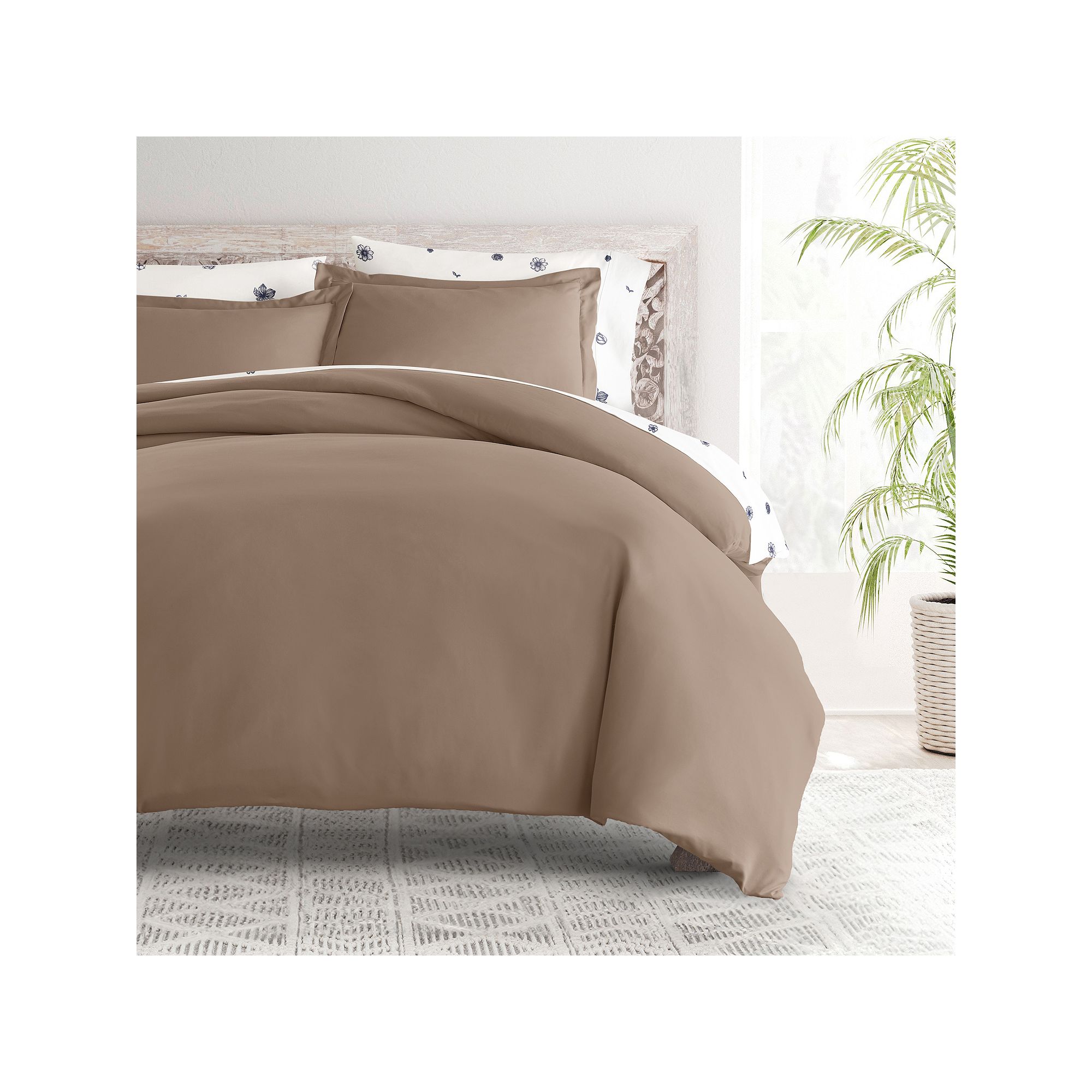 Home Collection Bedding Bundle Solid Duvet Cover Set, Blue Flowers Taupe
