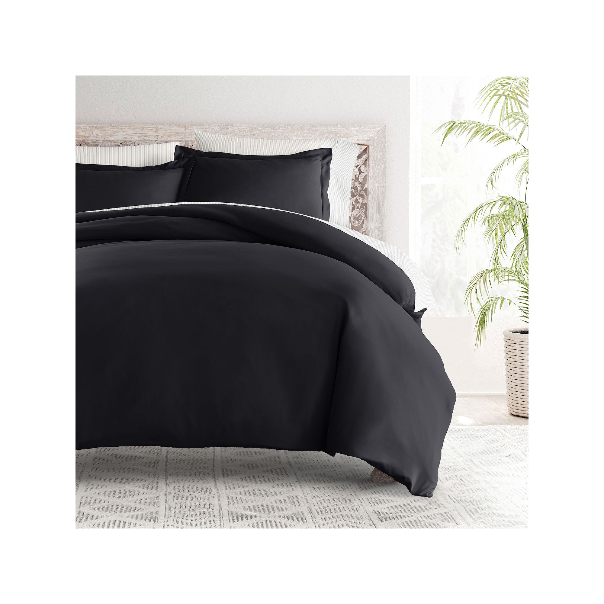 Home Collection Bedding Bundle Solid Duvet Cover Set, Pinstriped Black