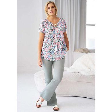 Ellos Plus Size A-Line Scoop Neck Ruffle Trim 100% Cotton Cambric Peasant Blouse