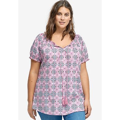 Ellos Plus Size A-Line Scoop Neck Ruffle Trim 100% Cotton Cambric Peasant Blouse