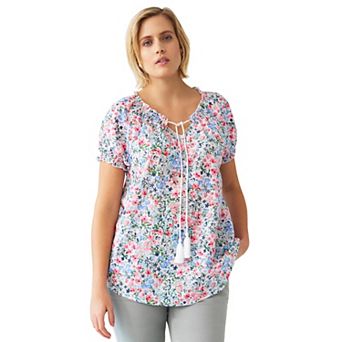 Ellos Plus Size A-Line Scoop Neck Ruffle Trim 100% Cotton Cambric Peasant Blouse