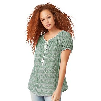 ellos Plus Size Ruffle Trim Peasant Blouse
