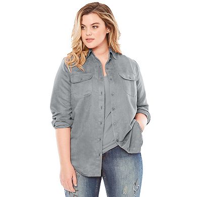 Roaman's Women's Plus Size Faux Suede Button-Front Shirt
