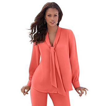 Roaman's Women's Plus Size Long Sleeve Bow Blouse