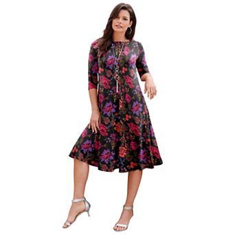 Roaman's Women's Plus Size Petite Plus Size 3/4 Sleeve Boatneck Swing Dress