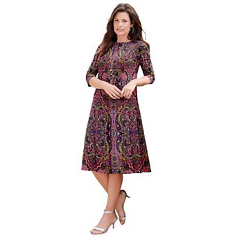 Roaman's Women's Plus Size Petite Plus Size 3/4 Sleeve Boatneck Swing Dress