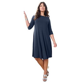 Roaman's Women's Plus Size Petite Plus Size 3/4 Sleeve Boatneck Swing Dress