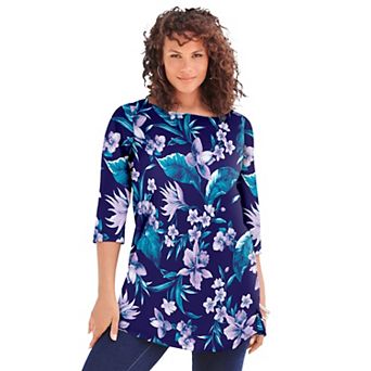Roaman's Women's Plus Size Cotton Ultimate Boatneck Tunic With Side Slits