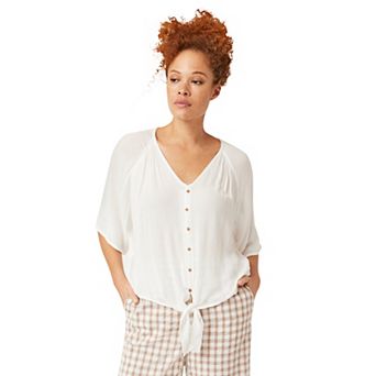 ellos Plus Size Crinkle Tie-Front Blouse