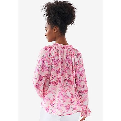 ellos Plus Size Keyhole Ruffle Trim Blouse