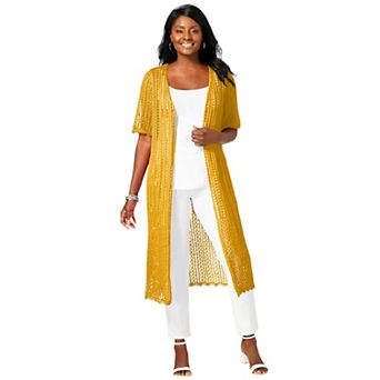 Jessica London Women's Plus Size Scalloped Crochet Sweater Duster
